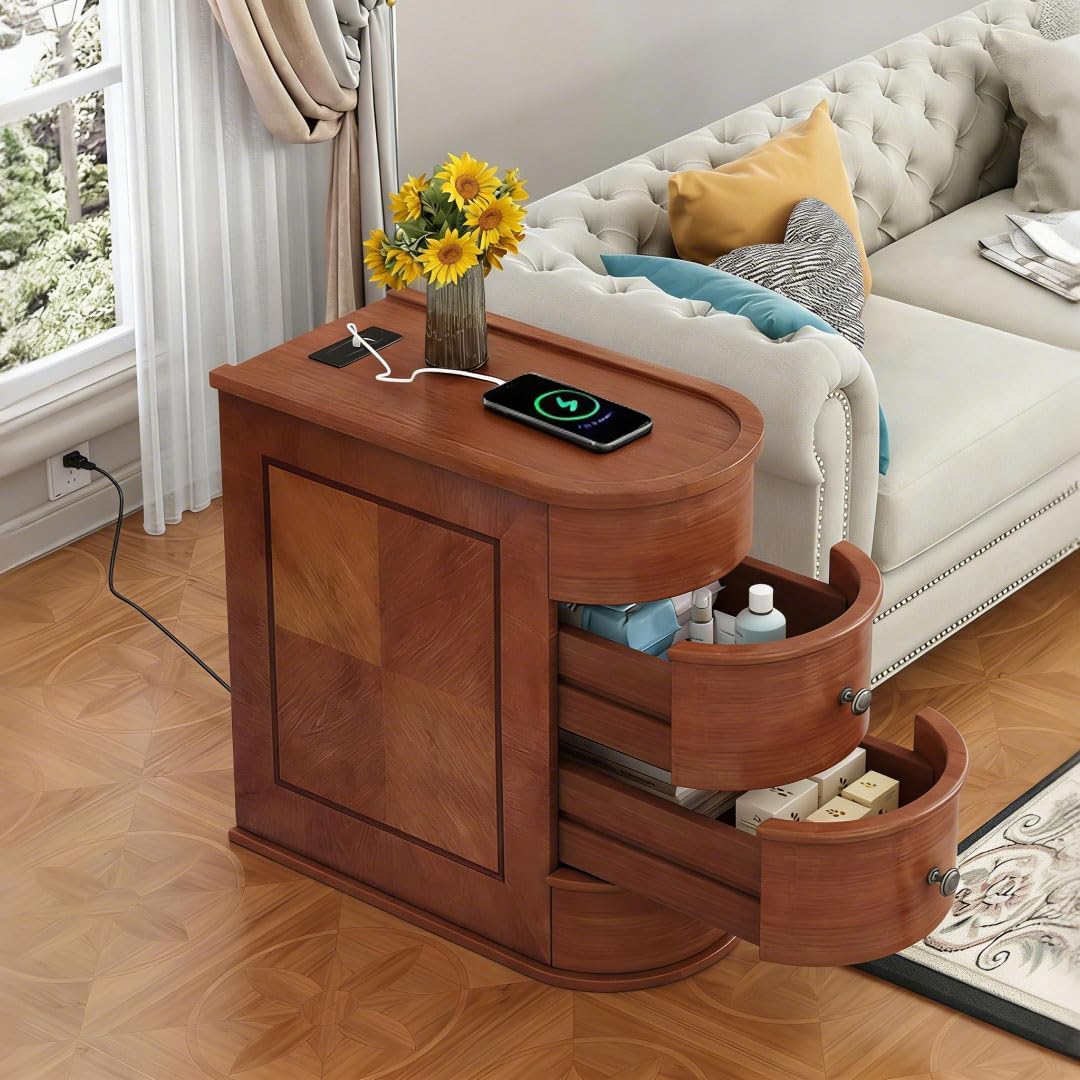 Wood End Table with Charging Station, Vintage Slim Sofa Side Table & Nightstand with 2 Drawers, Compact Wooden Storage for Living Room Bedroom Small Spaces, No Assembly Required, Brown