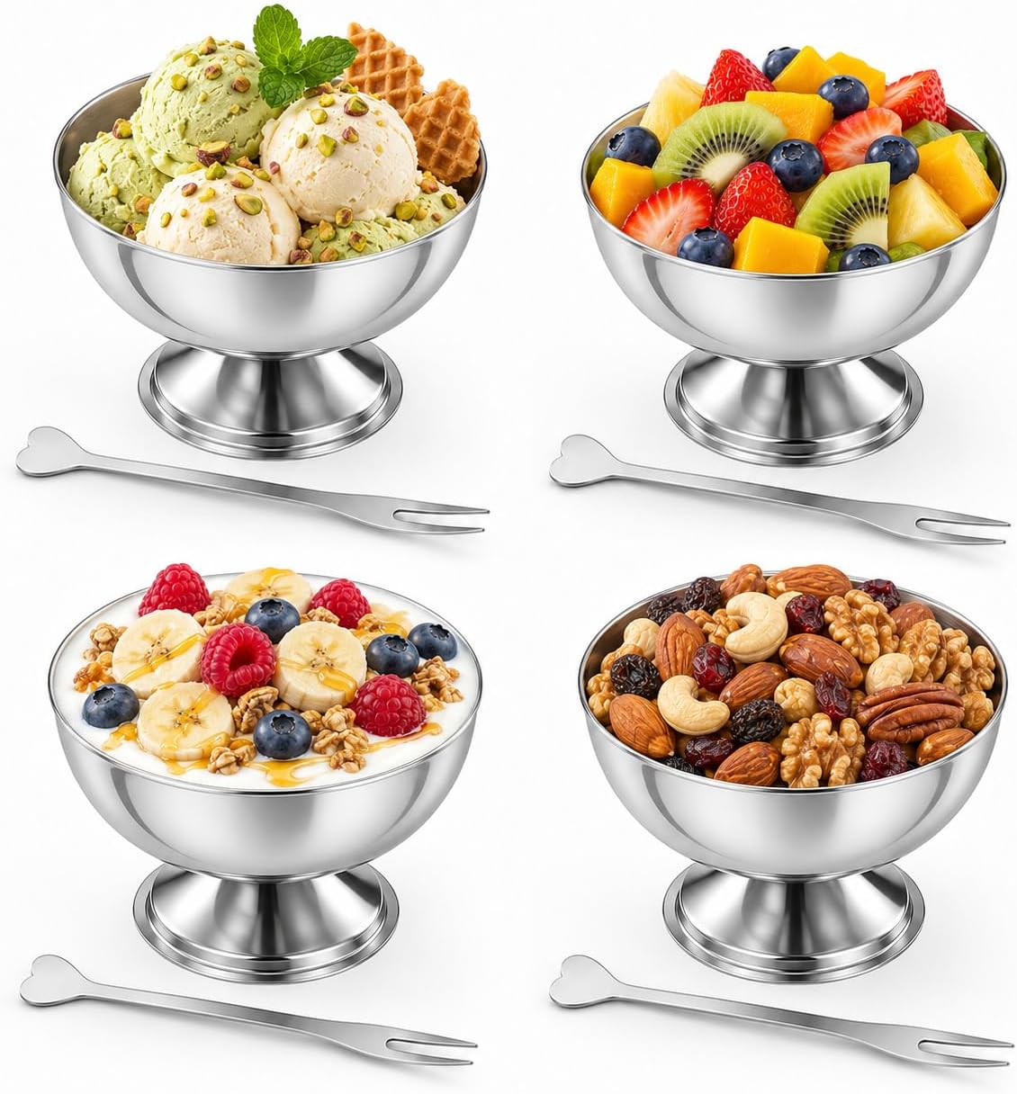 4 Pcs Stainless Steel Dessert Cup, 5.5oz Ice Cream Footed Bowls with Forks Silver Serving Bowls Mini Desserts Bowls for Sundae Fruit Ice Cream Pudding Small Snacks Sauce, Dishwasher Safety