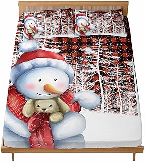 Full Bed Fitted Sheets Christmas Winter Snowman Red Hat Scarf Bed Set with 16" Deep Pocket,Soft Microfiber Bedding Bottom Sheet with 2 Decorative Pillowcases White Branch Buffalo Check