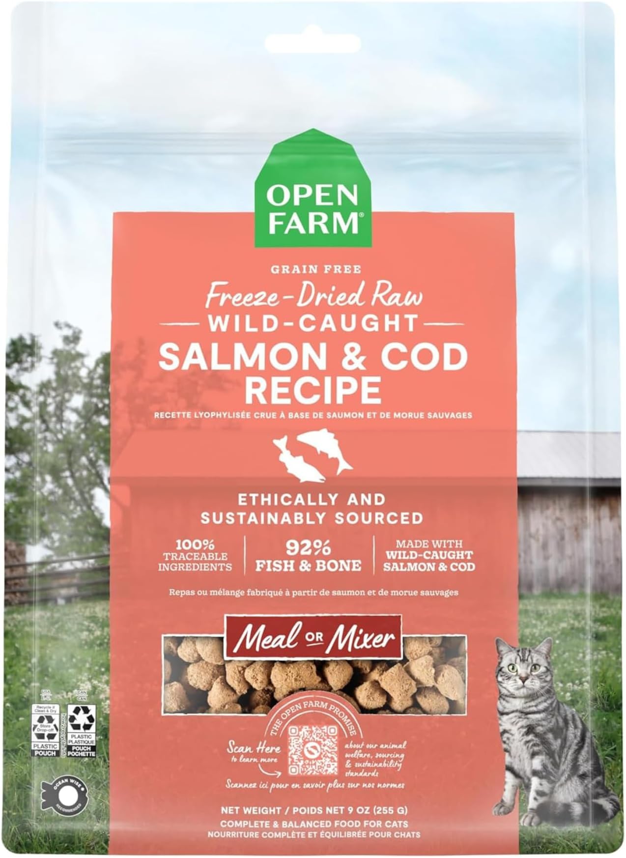 Freeze Dried Raw Cat Food, Complete Meal Morsels or Cat Treats with 92% Meat, Organs & Bone, Wild-Caught Salmon & Cod Recipe, 9oz Bag