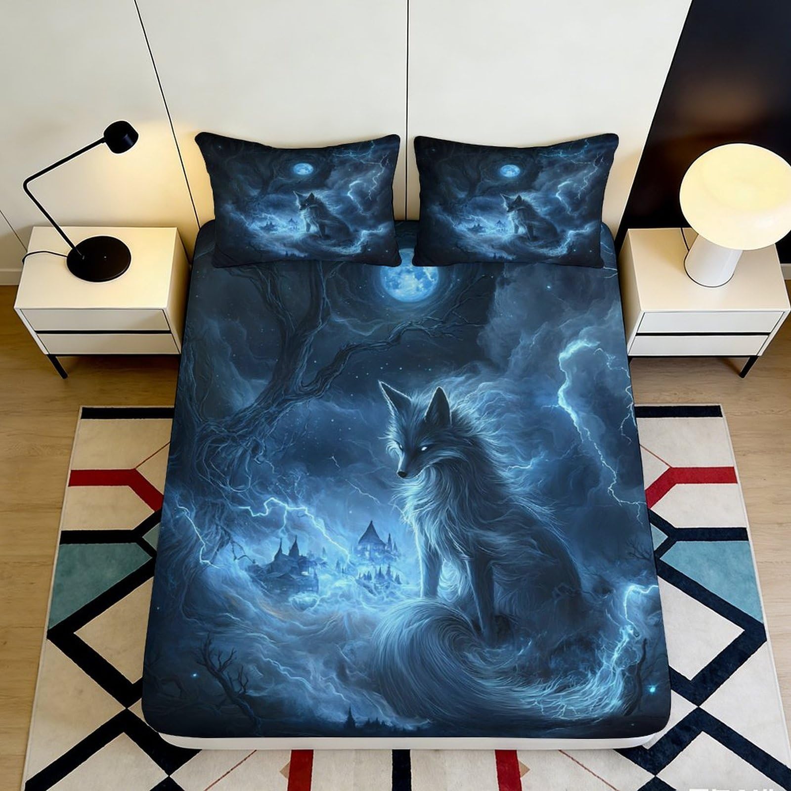 3D Printed Moonlit Fox Fitted Sheet Microfiber Soft Breathable Fantasy Night Mattress Cover for Bedroom Dorm Mattress Protection Decor 200x200x25cm