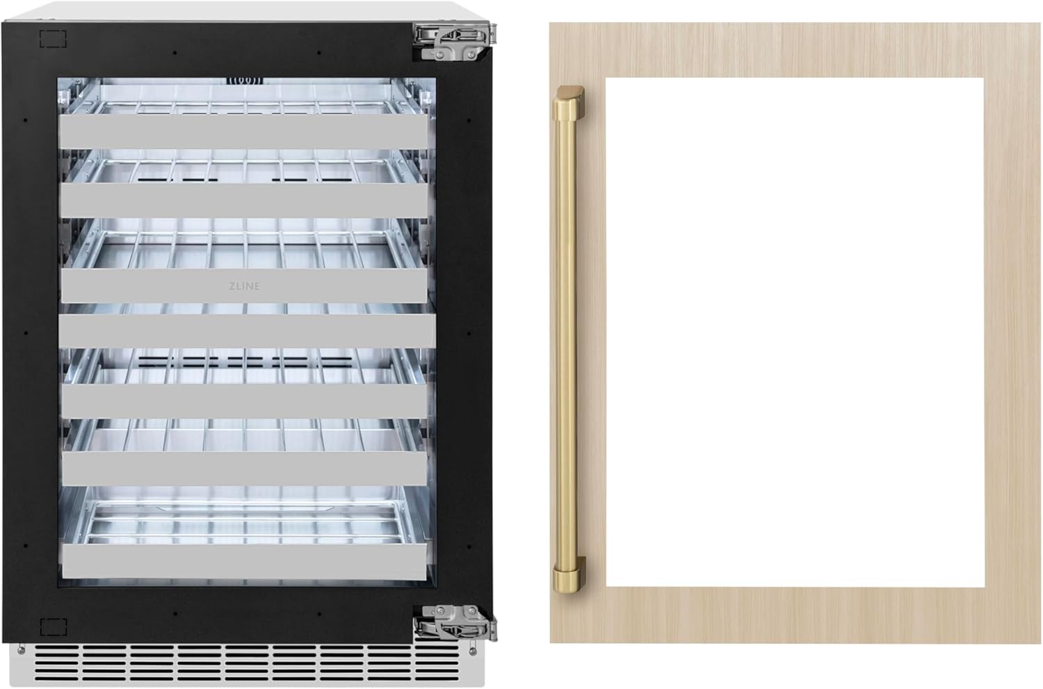 ZLINE Autograph Edition 24 in. Touchstone Dual Zone 44 Bottle Wine Cooler With Panel Ready Glass Door And Champagne Bronze Handle (RWDPOZ-24-CB)
