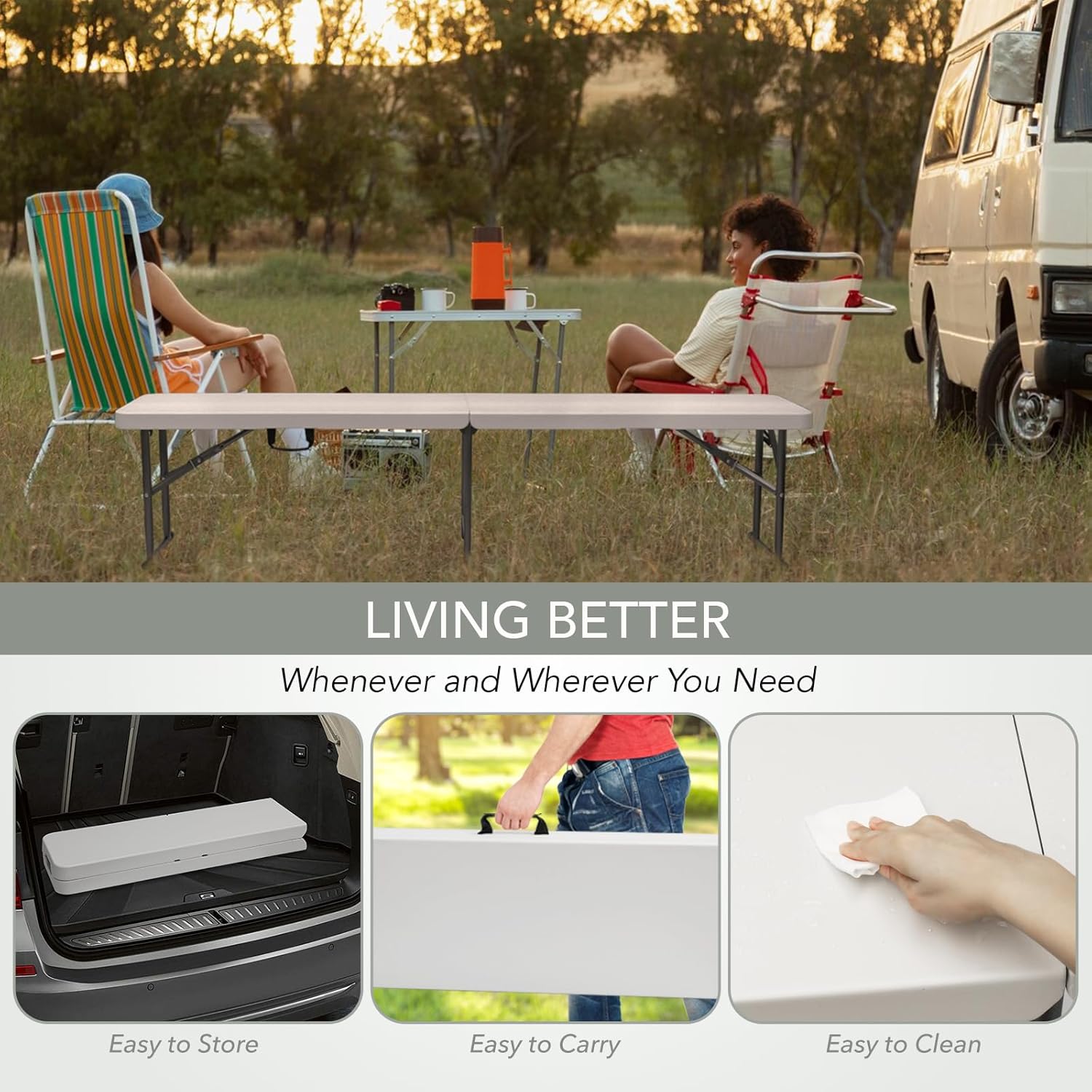 AJP Distributors 6 Foot Portable Plastic Folding Bench 6FT 72" Half Foldable Heavy Duty Seat w/Carry Handle - Indoor Outdoor Backyard Camping Picnic BBQ Party Wedding Dining Office Event Meeting White