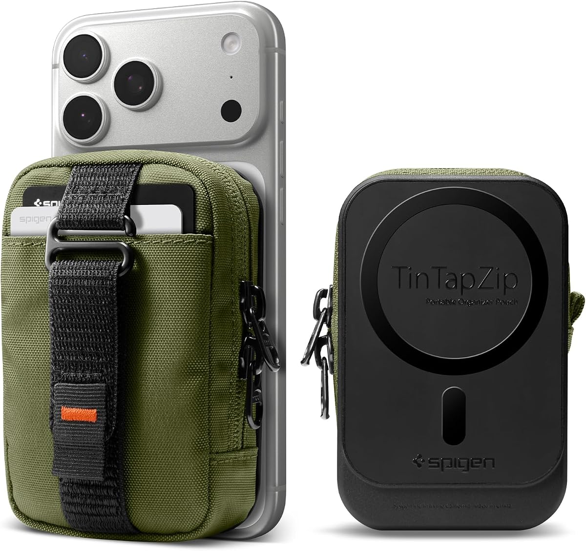 Spigen para organizador de bolsa magnética MagSafe Wallet, Tintap Zip MagFit | Clip de mochila para cinturón de almacenamiento de tarjeta EdC SSD para iPhone 17/16/15/14/13/12, serie Pixel 10 y más - Verde oliva