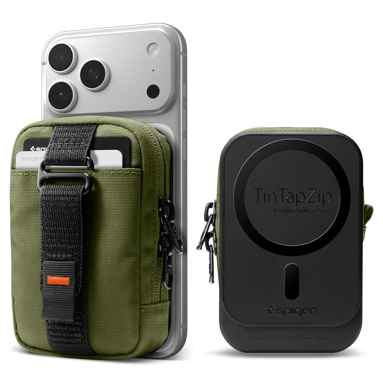 Spigen TinTap Zip MagFit Portafoglio MagSafe con Mini Pochette Blocco RFID Wallet Magnetico Portacarte Compatibile con iPhone 17/16-12, AirPods Pro 3-1 e AirPods 4-1, Accessori MagSafe - Verde Oliva