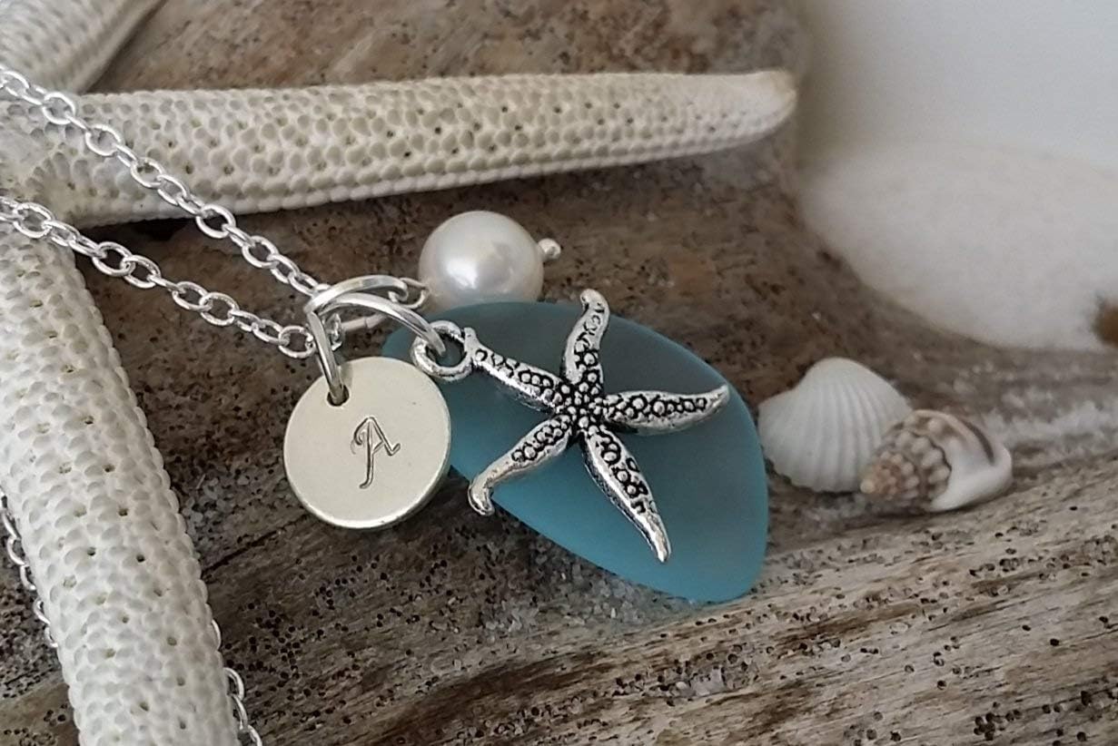 Handmade Personalized Turquoise bay blue sea glass necklace, Starfish charm, Natural pearl, December Birthstone,(Hawaii Gift Wrapped, Customizable Gift Message)
