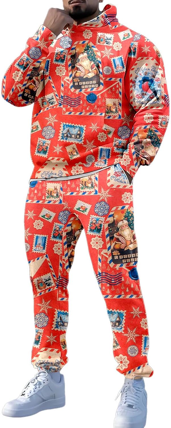 Kerstpak voor heren, kerstjumpsuit, capuchontrui, joggingbroek, 2-delige set, joggingpak, kerstman, rendier, kerstpak, kerstboom, lelijke kersttrui