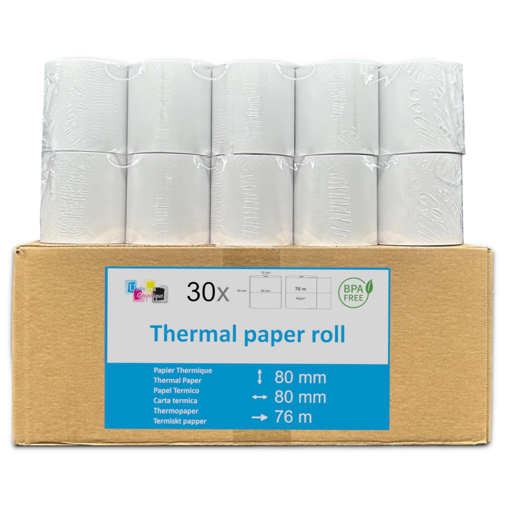 30 bobine thermique pour caisse enregistreuse ticket caisse standard rouleau 80 x 80 mandrin 12mm papier thermique standard adapté aux caisses enregistreuses imprimante thermique balance thermique
