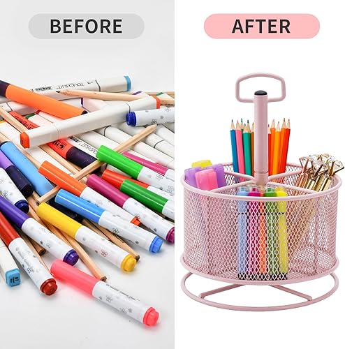 Miniatura 5 de Marbrasse Organizador de escritorio de malla, soporte multifuncional para bolígrafos giratorio de 360 grados, 4 compartimentos, organizador