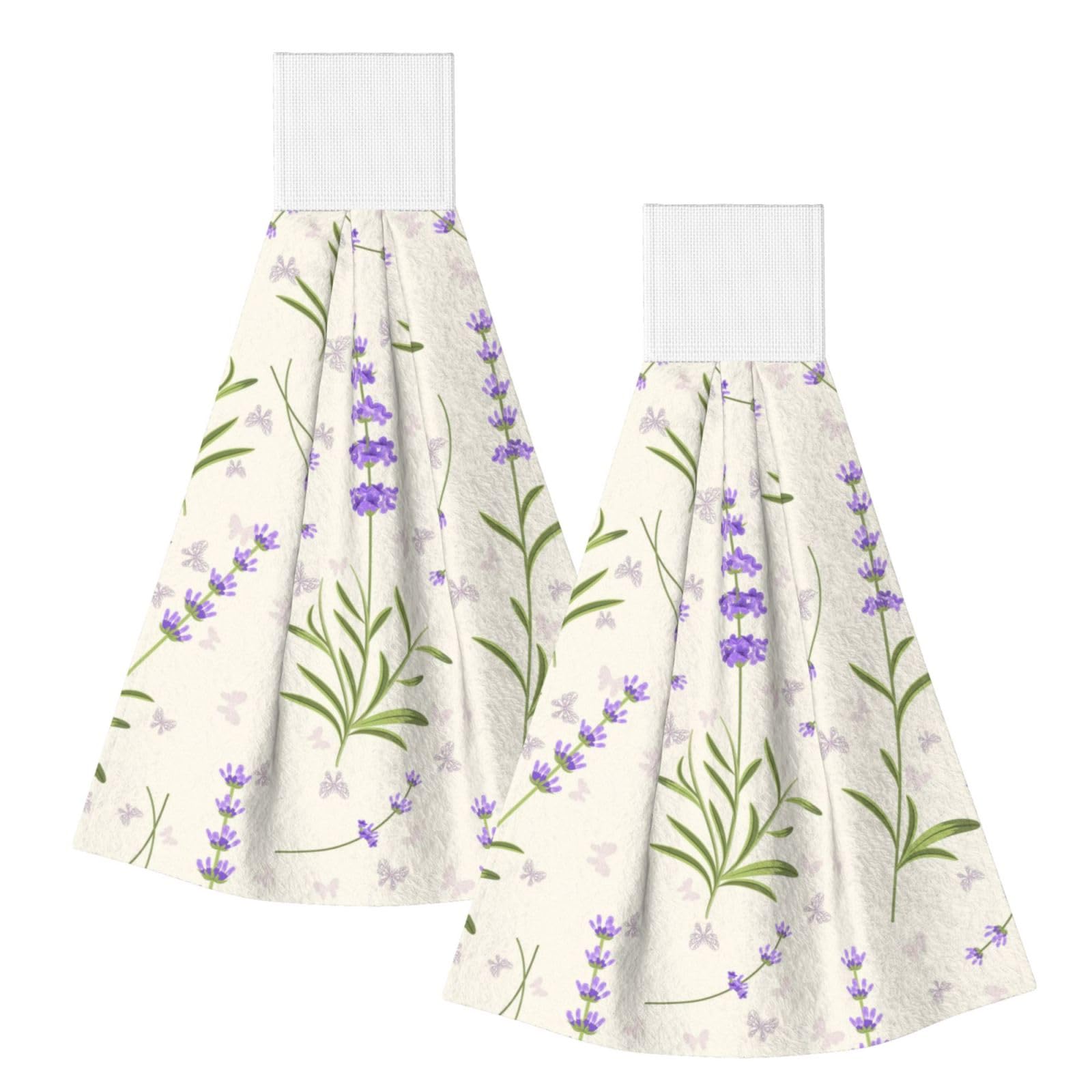 DOPKLNA Lavender Pattern, 2 Pcs Hanging Coral Fiber Hand Towels for Bathroom, Absorbent Kitchen Towels