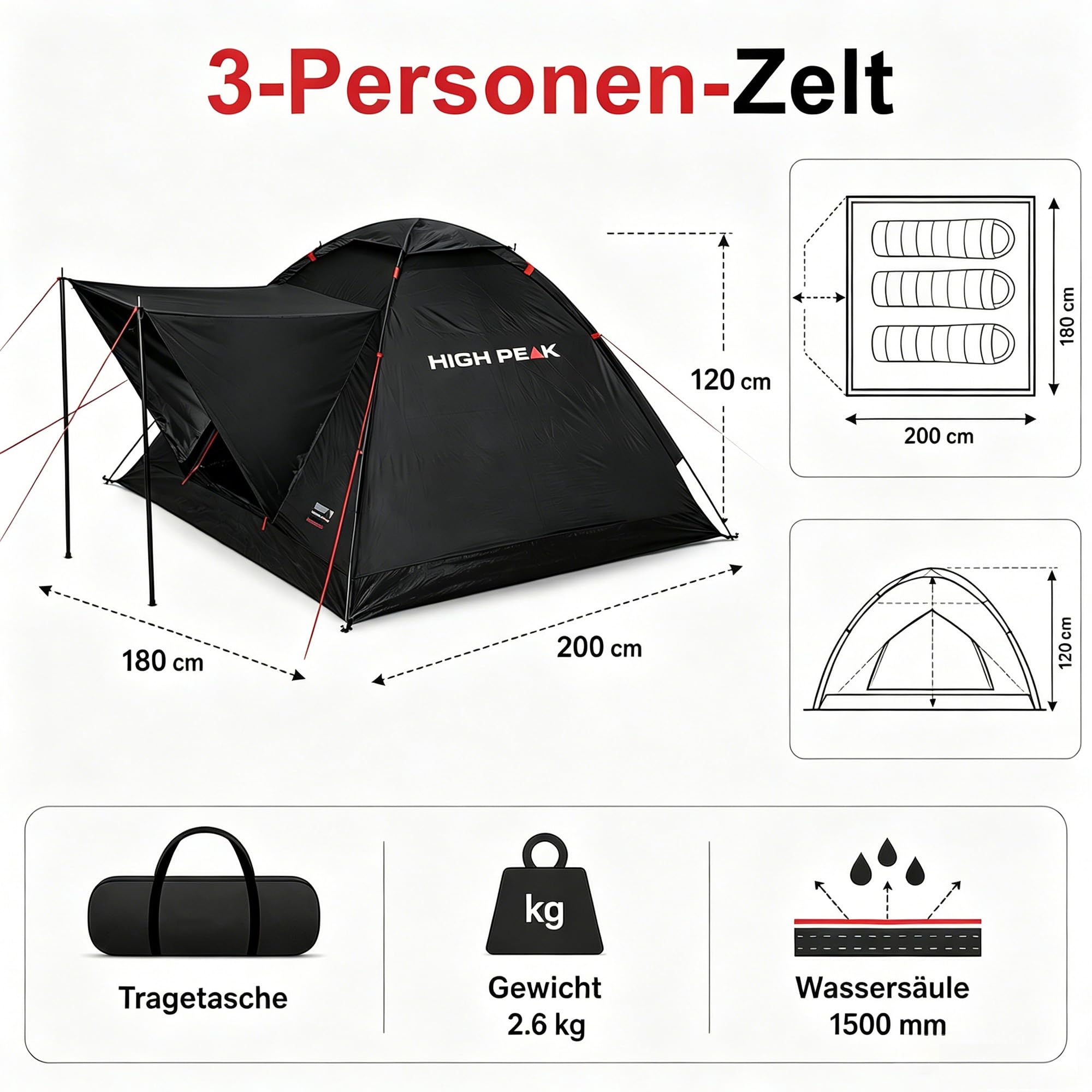 High Peak Kuppelzelt 3 Personen, leichtes Campingzelt mit offenem Vordach | 1500mm Wassersäule, Mesh-Eingang gegen Insekten, Dachbelüftung, 2,6kg, für Regenschutz, Festival, Wandern, Angeln, Reise