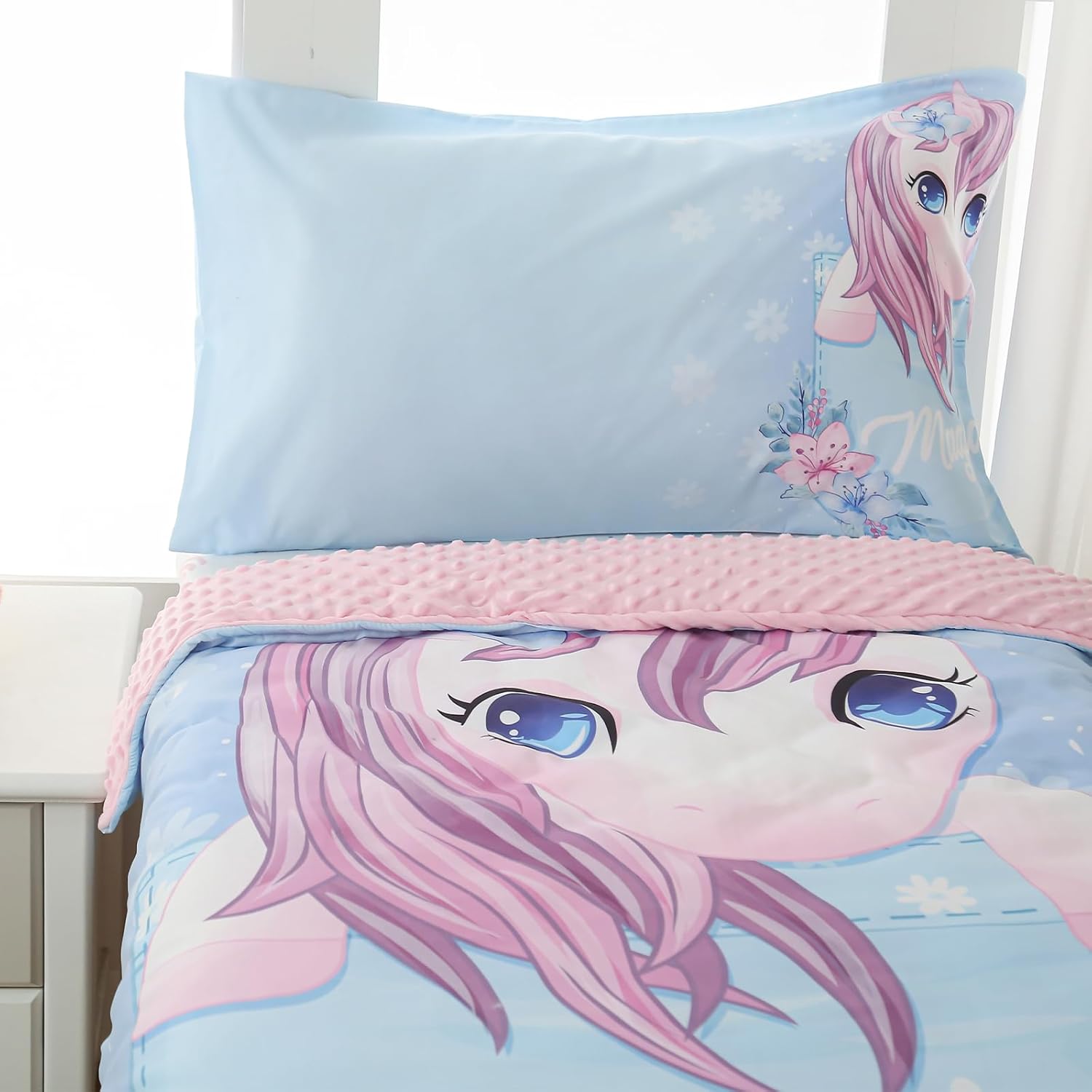 4 Piece Toddler Bedding Set for Girls,Soft Crib Bed Sheets Set in a Bag Including Comforter, Flat Sheet, Fitted Sheet and Pillowcase(Unicorn)