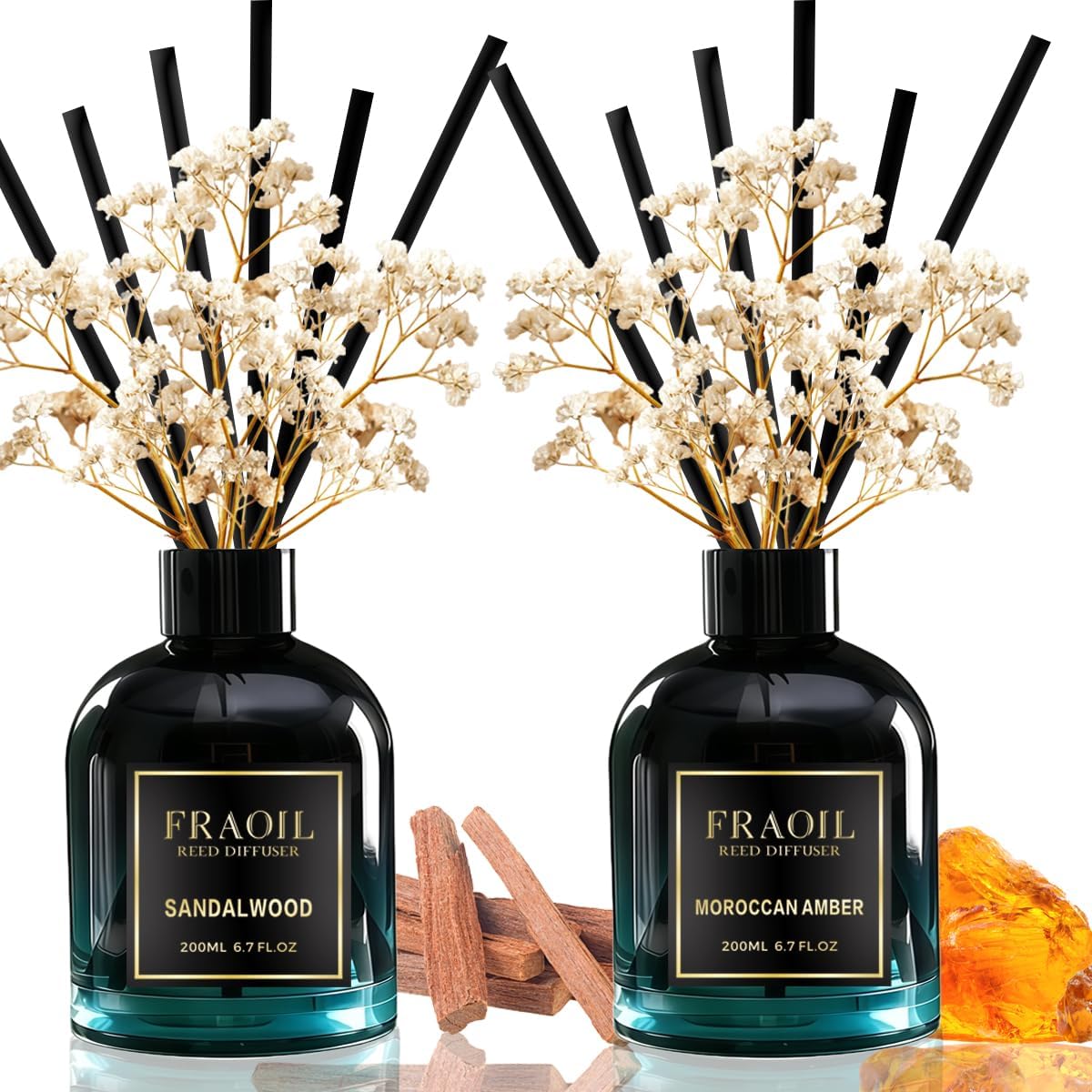 Sandalwood and Moroccan Amber Reed Diffuser Set 6.7 fl oz (200 ml) with 6 Reed Sticks, Home Fragrance Reed Diffuser for Bathroom Shelf House Bedroom Office Decor