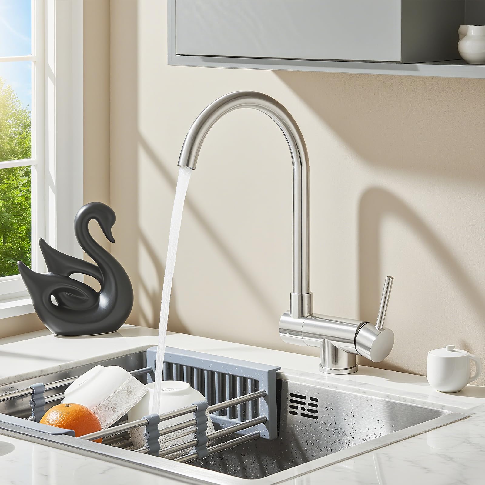 Grifo Cocina Abatible, Grifo de Fregadero Abatible Giratorio de 360°, Grifo Fregadero Cocina Plegable de Inox, Mezclador Fregadero Agua Fría y Caliente