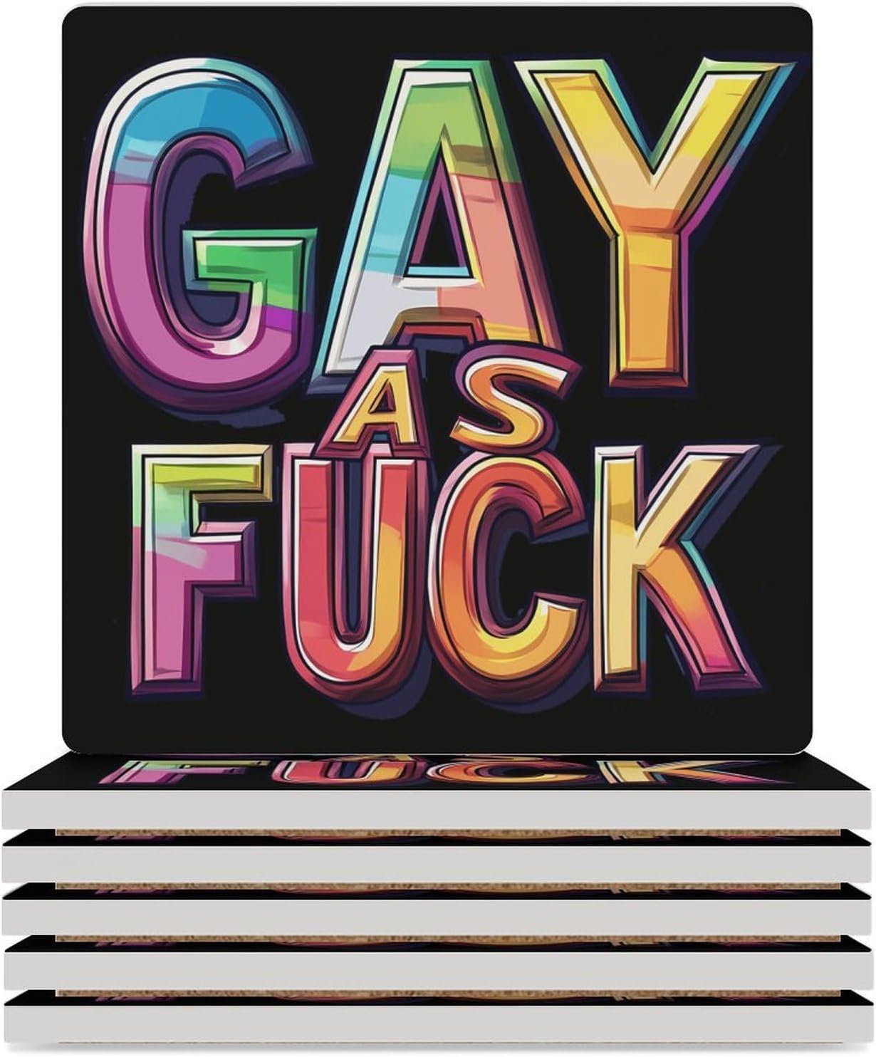 Gay As Fuck LGBT Ceramic Coasters Set Square Drink Coasters Table Coaster for Kitchen Desktop Decor