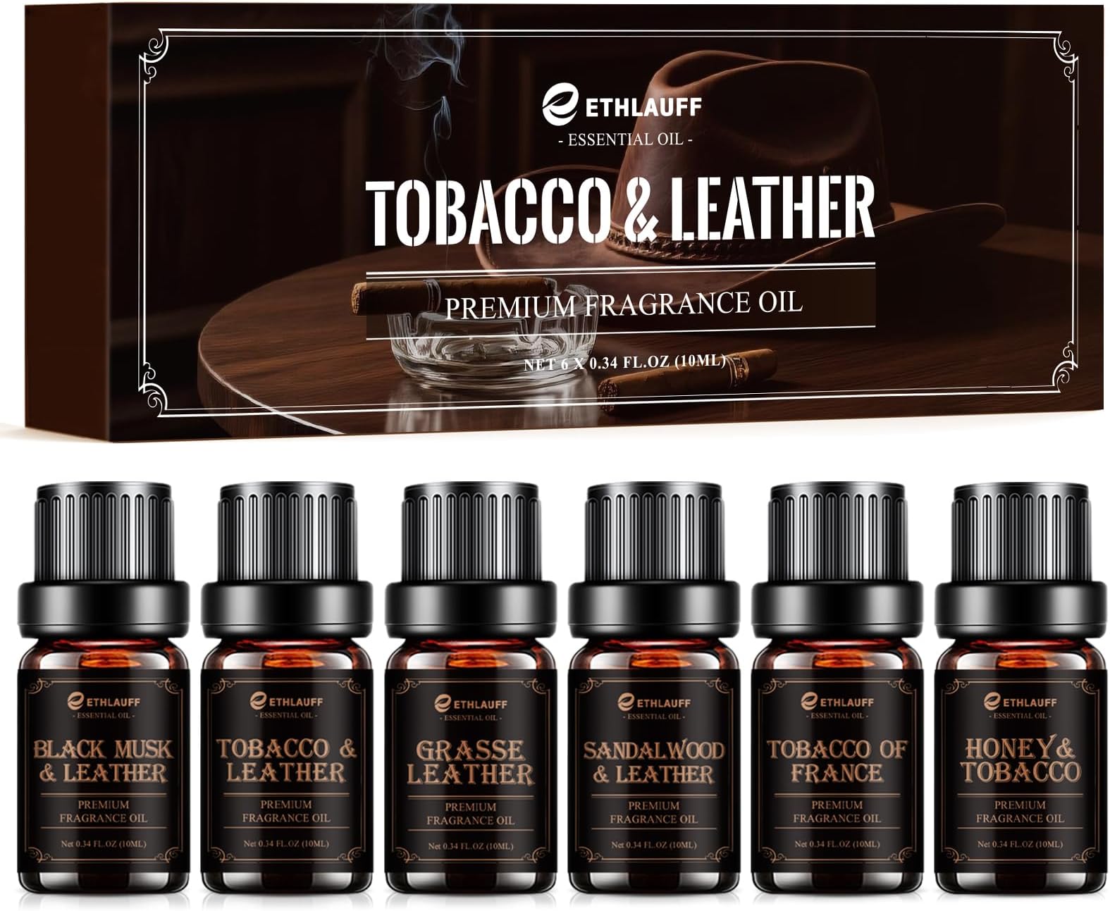 Men Essential Oils Set, Premium Fragrance Oils for Diffusers for Home - | Leather, Sandalwood, Cologne, Smoke Tobacco Scents, Candles & Aromatherapy Gifts for Him