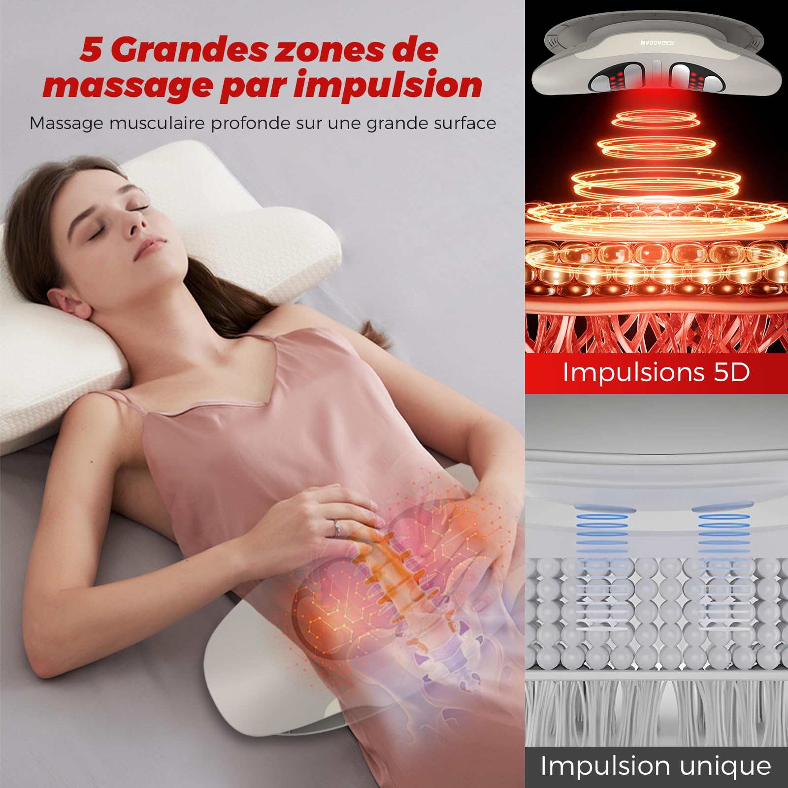 Appareil de massage lombaire avec chaleur, vibration, fonction de courbure, appareil de massage du dos avec chaleur et impulsion EMS - Appareil de massage lombaire avec vibration, hub coussin