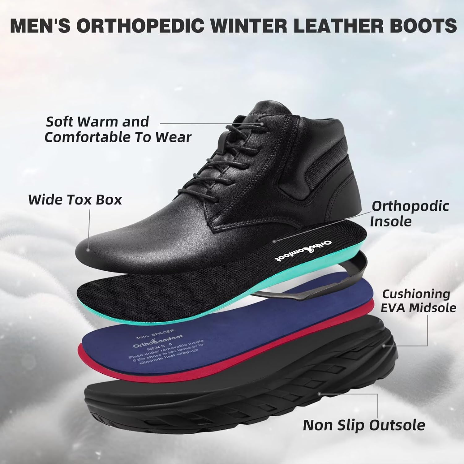Men's Orthopedic Diabetic Winter Mid Boots: Wide Toe Box Dress Comfortable Arch Support Plantar Fasciitis Leather Oxfords Shoes, Casual Warm Modern Mid Ankle Boots for Foot and Neuropathy Pain Relief - Image 7