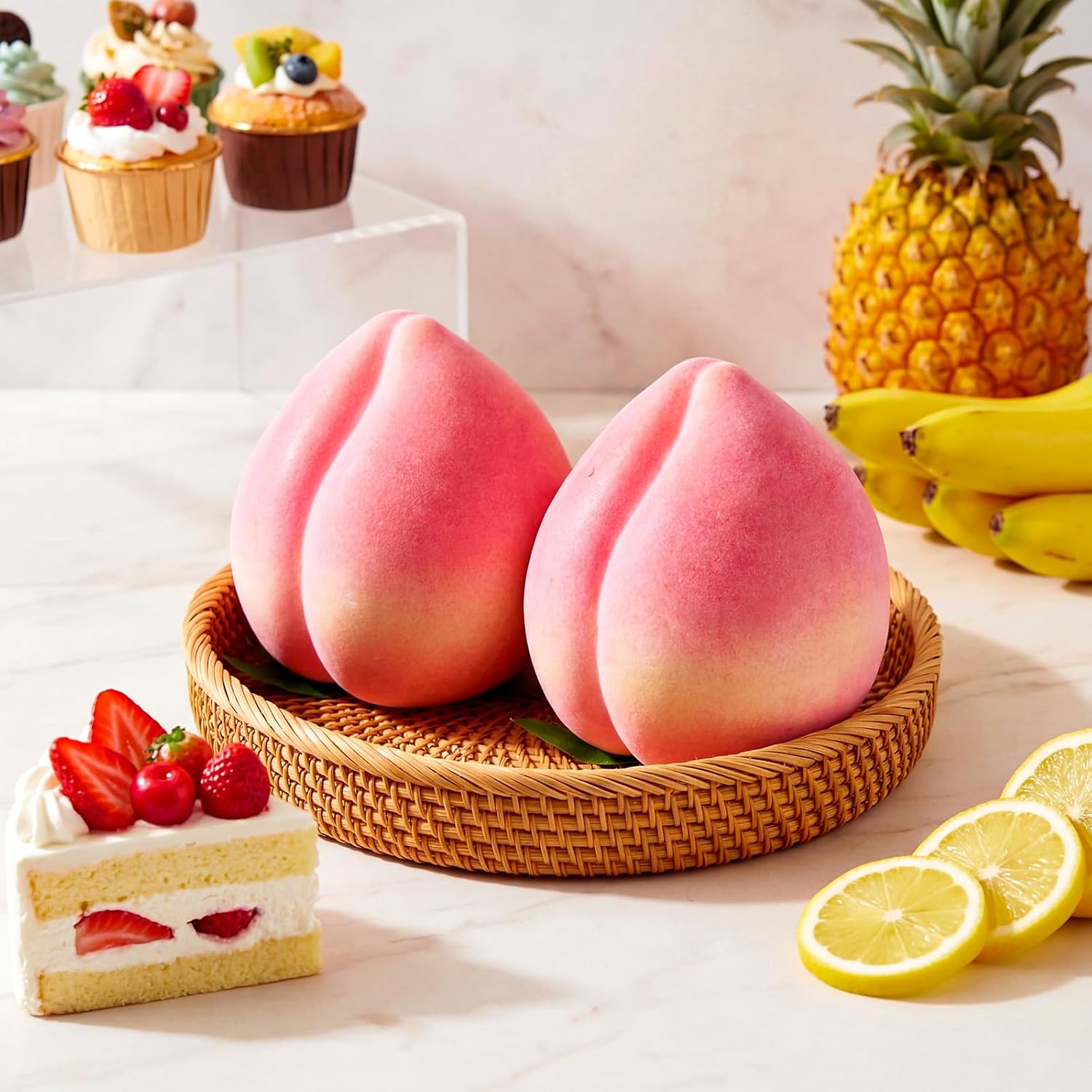 AceOrbit 2 Pcs Artificial Peach Decorations Foam Peach Lifelike Fake Fruit Faux Small Simulation for Home Birthday Party Cabinet Table Festival Kitchen Harvest Photography Prop (7.48 Inch)