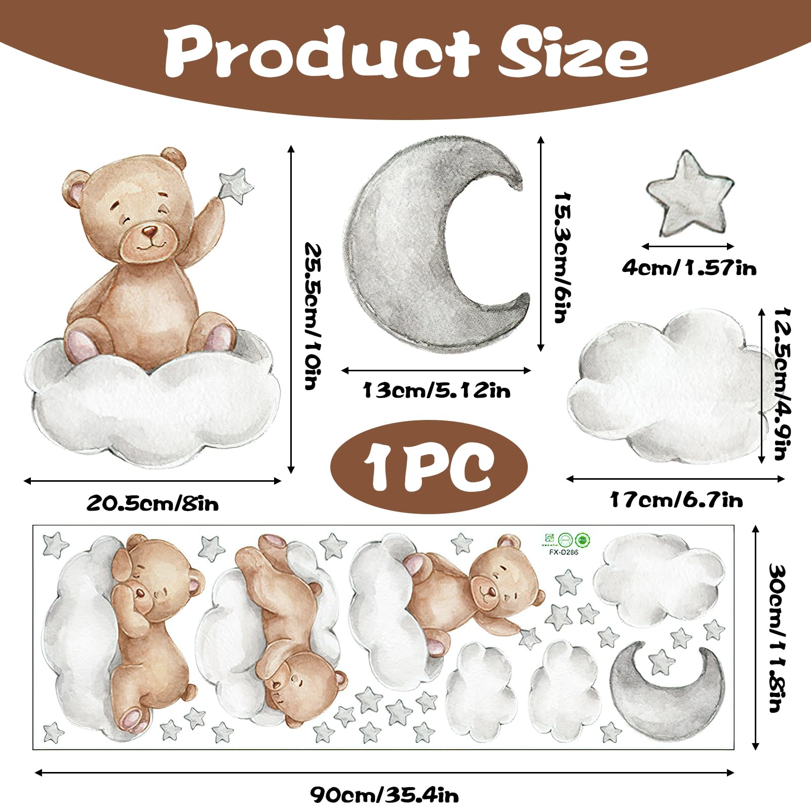 Stickers Muraux Ours Et Nuages Kemuz - Autocollant Amovible Chambre Bébé 45x30 Cm | PVC Sans Toxique