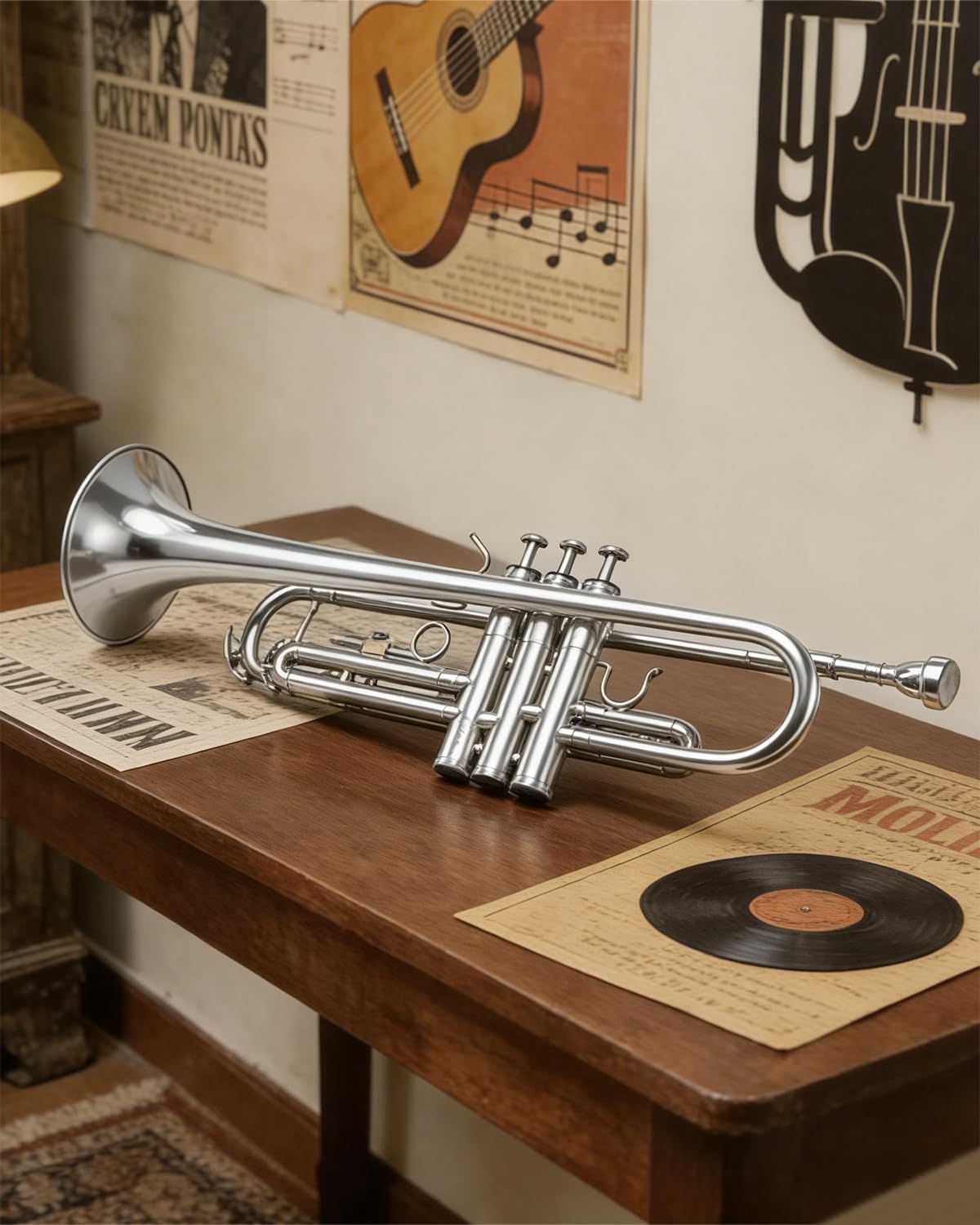 STRICH Bb Standard Trumpet Set for Beginners, Brass Student Trumpet Instrument with Hard Case, Cleaning Kit, 7C & 3C Mouthpieces, Gloves - STR-1S, Silver