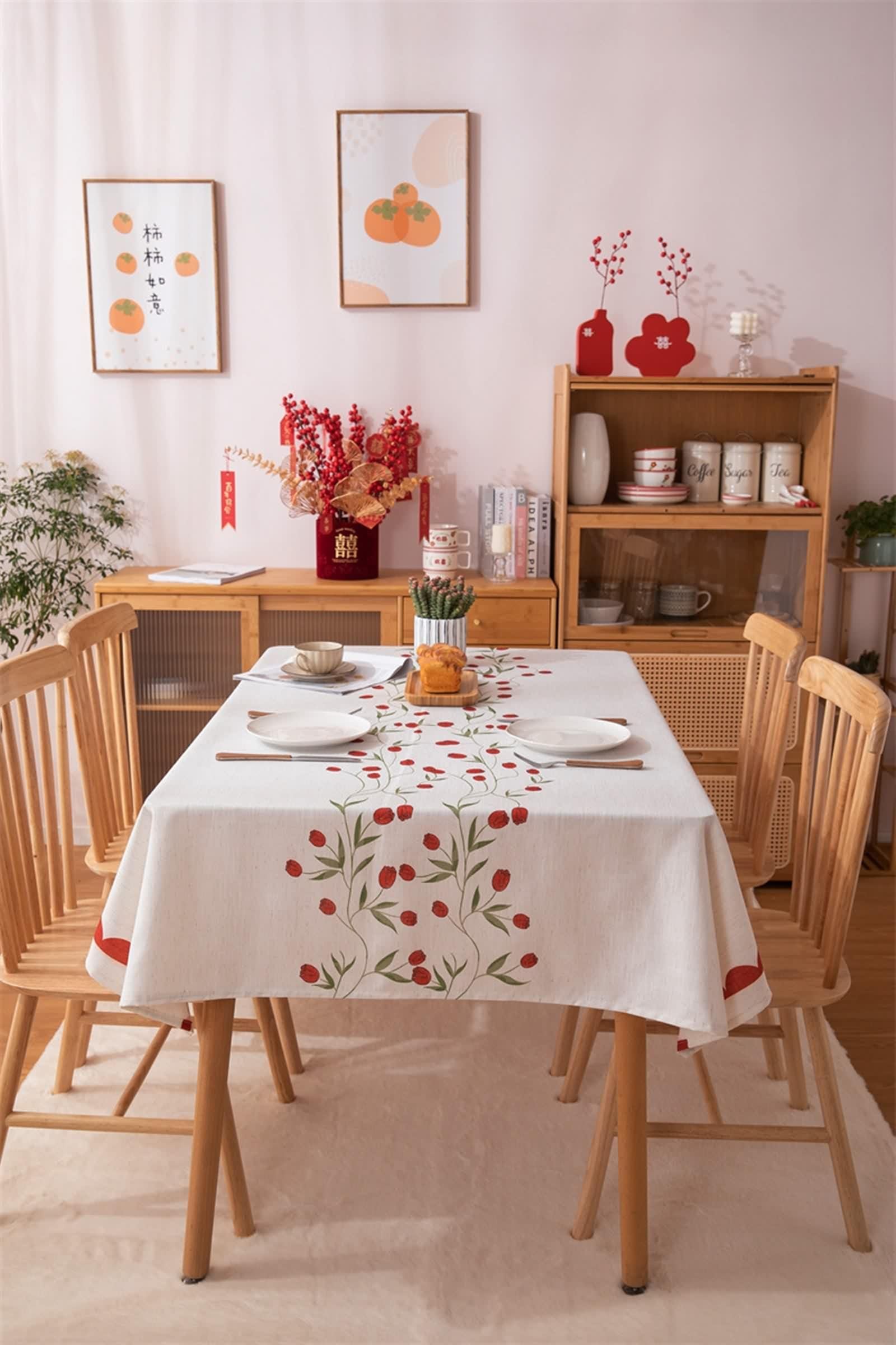 Tovaglia Rettangolare Rossa, Tovaglia Soggiorno Elegante Poliestere Fiore Stampato Copritavolo 130X220CM per Compleanno Festa Matrimonio