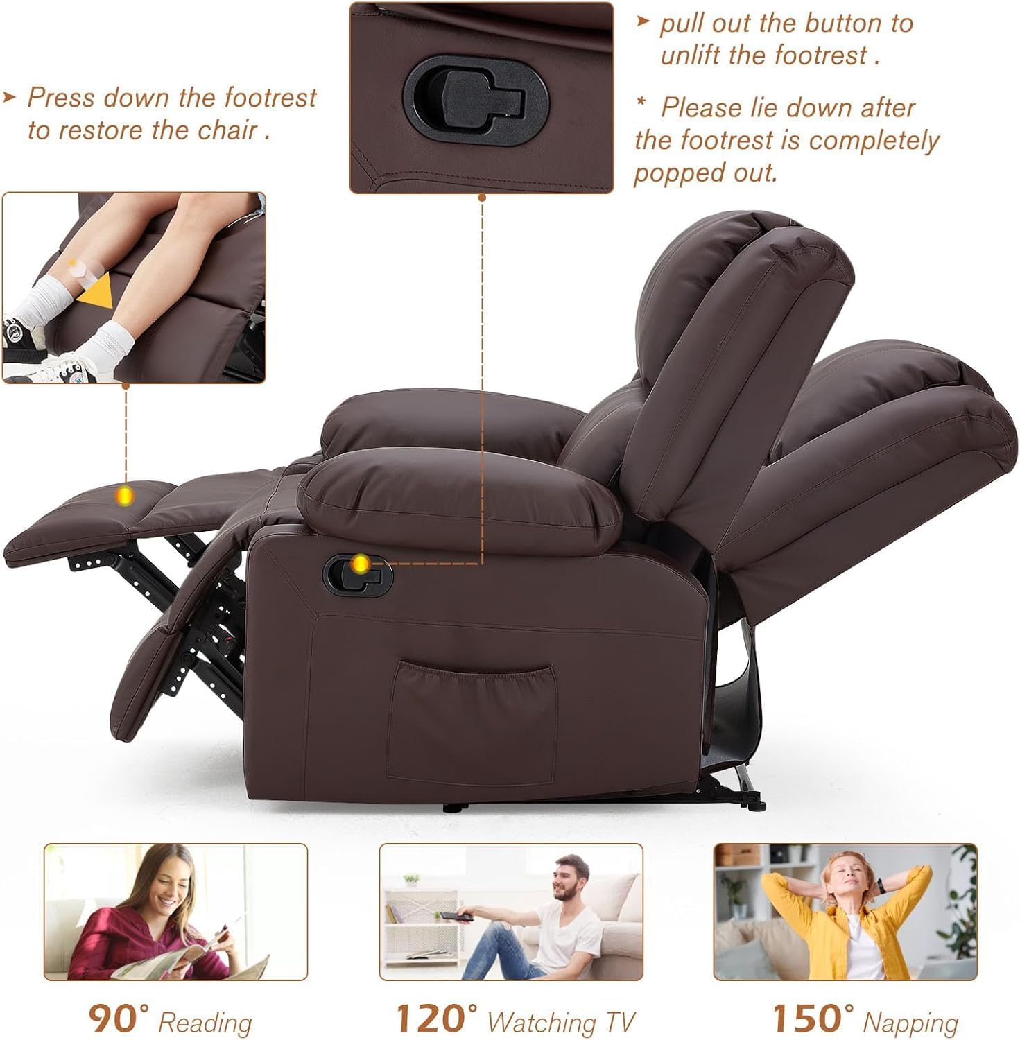 YODOLLA Fauteuil Relax, Fauteuil Salon Relax Ergonomique 150 kg, Fauteuil Moderne en Simili Cuir avec Commande Manuelle, Poches Latérales & Repose-Pieds (Marron)