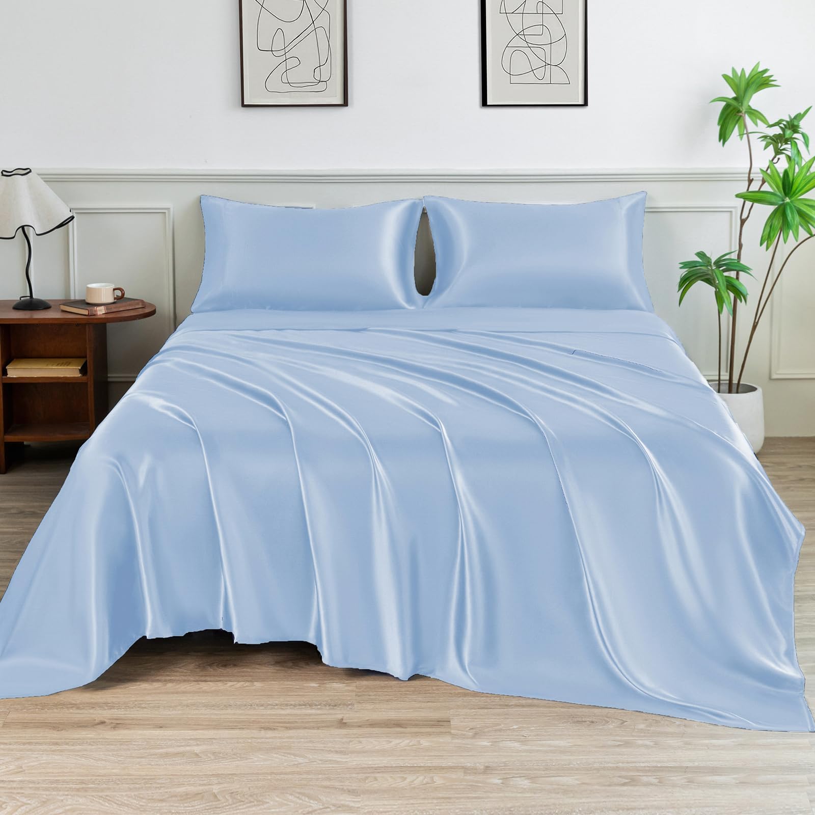 Satin Sheets Full Size Bed Set,Similar to Silk Sheets,4Pcs Luxury Satin Sheet Set with 15 Inches Deep Pocket (Full, Light Blue)