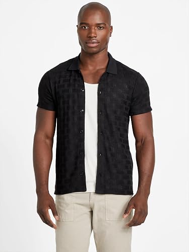GUESS Mens Eco Short Sleeve Knit Tristan Button Down, Jet Black, Medium