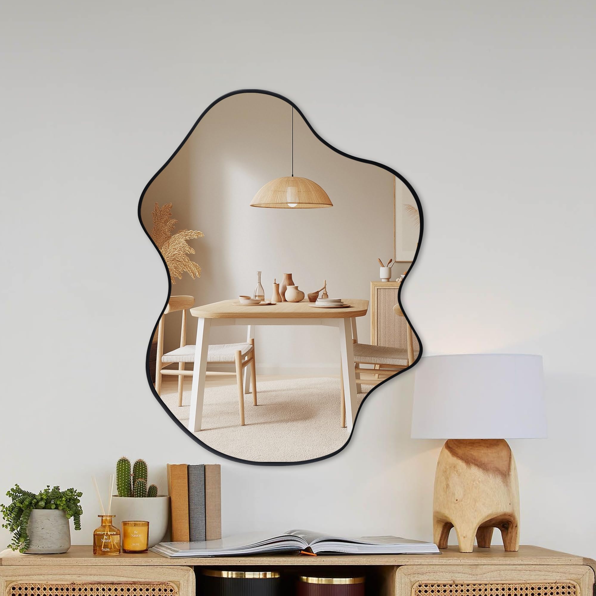 Tanmicoshomy Espejo de pared irregular de 22 x 30 pulgadas, espejo asimétrico con marco negro con vidrio templado para baño, dormitorio, sala de estar, guardarropa, entrada