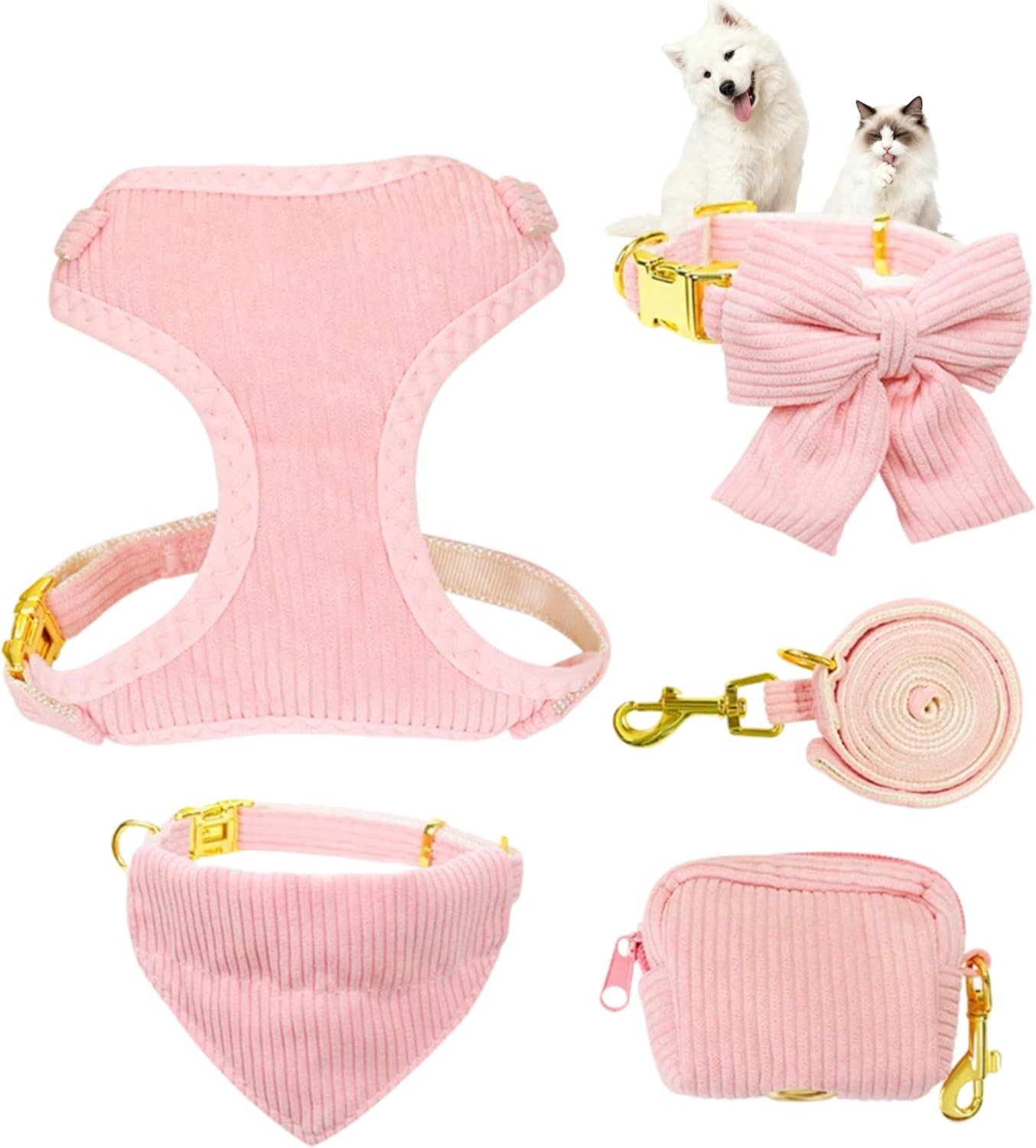 Cute Cat Dog Harness 5FT Leash Set 5Pcs with Poop Bag Adjustable Bow Collar Triangular Scarf Bandanas Breathable Soft Mesh Padded for Small Dogs Walking (Pink, L)