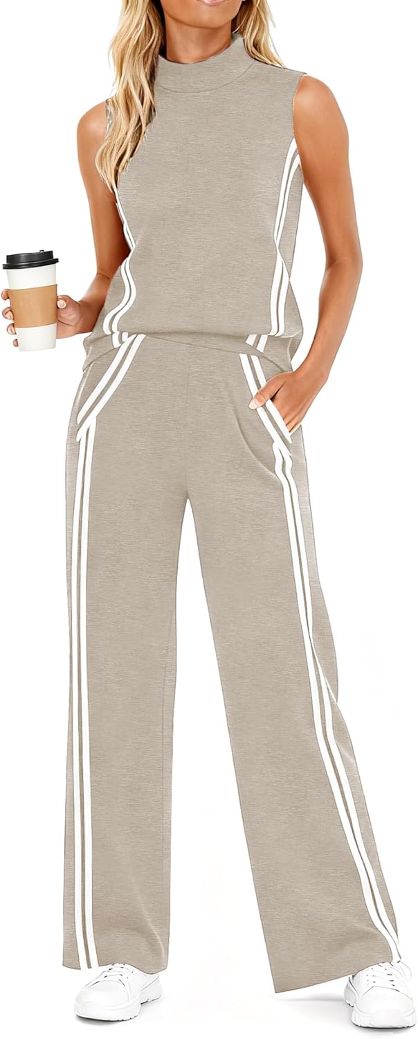 Casly Lamiit Womens 2 Piece Lounge Set Stripes Travel Outfits Sweatsuit Mock Neck Tank Top Wide Leg Pants Casual Activewear