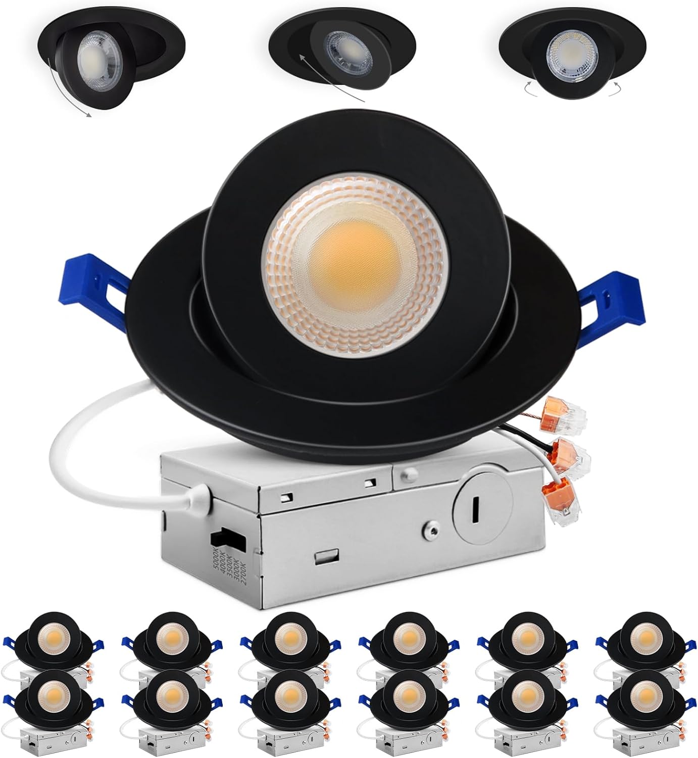 Adetu 4 inch 5CCT Gimbal Black Led Recessed Lights, 360°+90° Adjustable Directional Recessed Lighting, 2700K-5000K Dimmable Retrofit Eyeball Can Lights with Jbox, ETL&Energy Star (Black, 12 Pack)