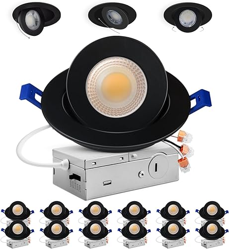 Adetu Luces empotrables LED negras de cardán 5CCT de 4 pulgadas, iluminación empotrable direccional ajustable de 360 + 90, 2700K-5000K con Jbox, ETL