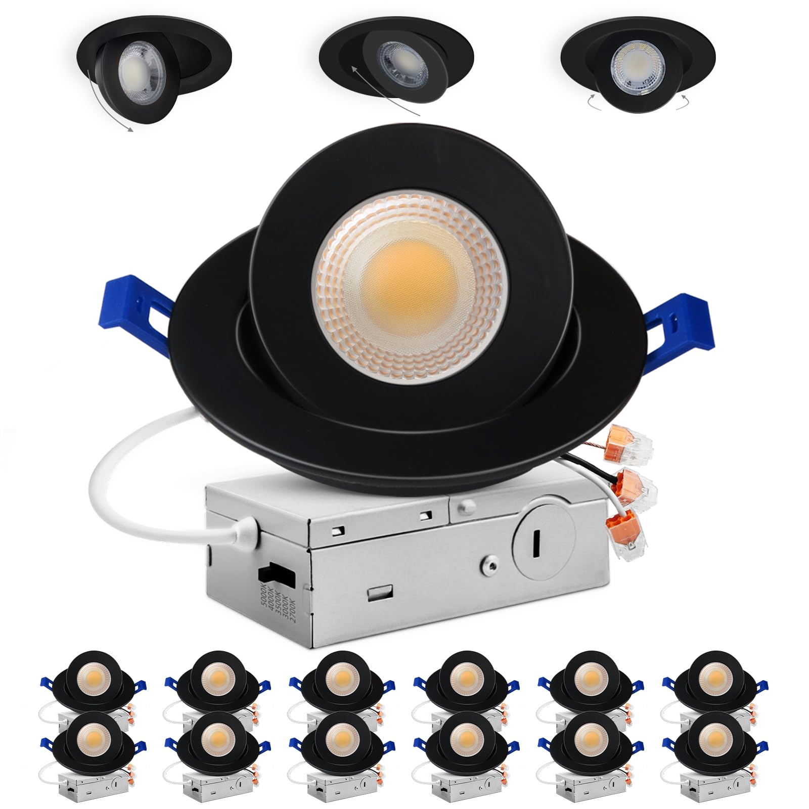 Adetu 4 inch 5CCT Gimbal Black Led Recessed Lights, 360°+90° Adjustable Directional Recessed Lighting, 2700K-5000K Dimmable Retrofit Eyeball Can Lights with Jbox, ETL&Energy Star (Black,12 Pack)
