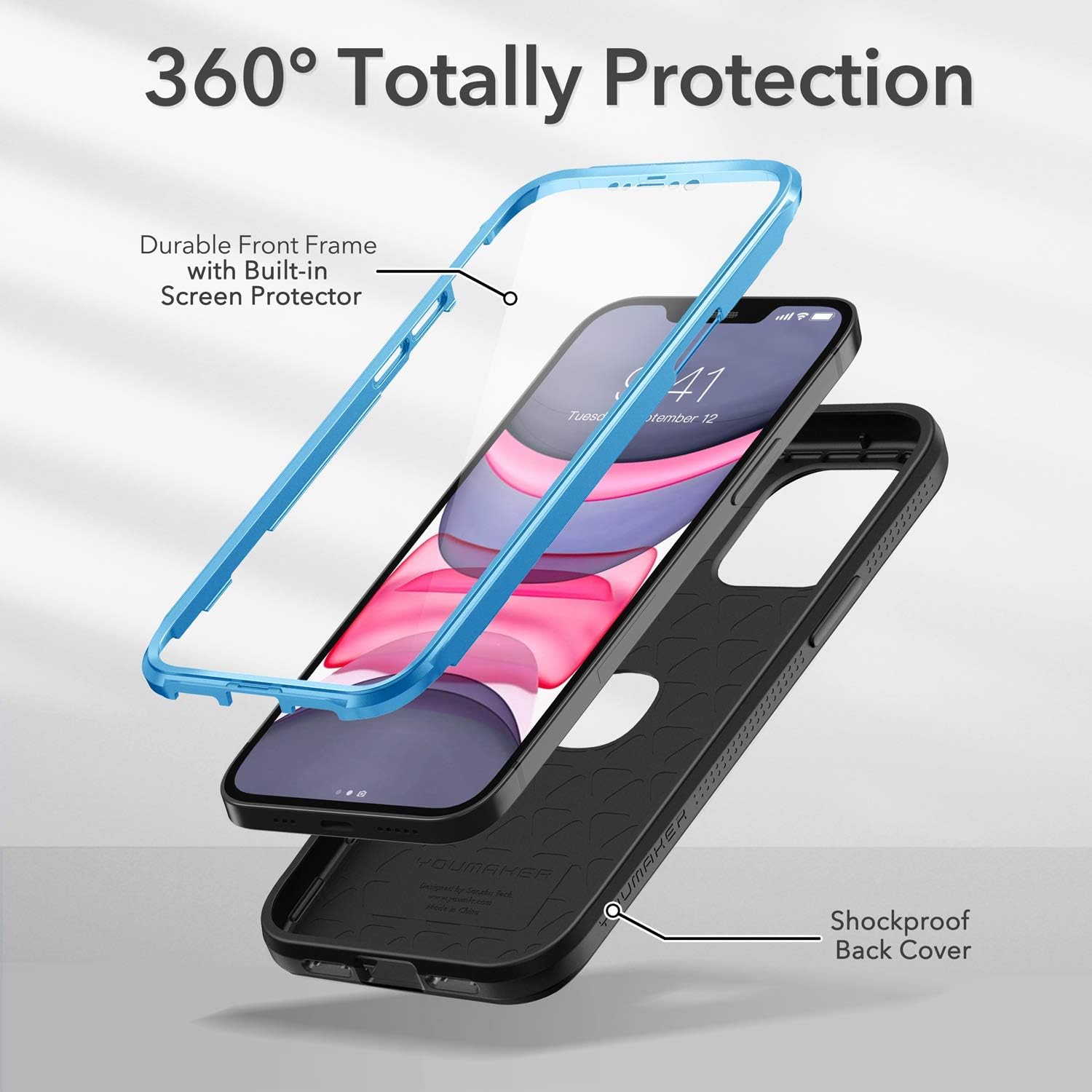 YOUMAKER Metallic Designed for iPhone 12 Mini Case, Full Body Rugged with Built-in Screen Protector Heavy Duty Protection Slim Fit Shockproof Cover for iPhone 12 Mini Case 5.4 Inch - Blue/BK