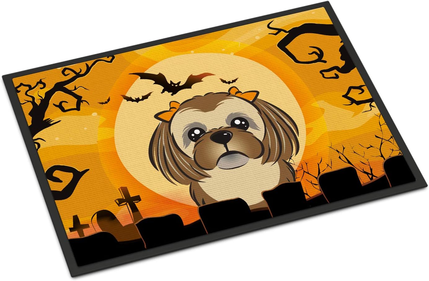 Caroline's Treasures BB1807MAT Halloween Chocolate Brown Shih Tzu Doormat 18x27 Front Door Mat Indoor Outdoor Rugs for Entryway, Non Slip Washable Low Pile, 18H X 27W