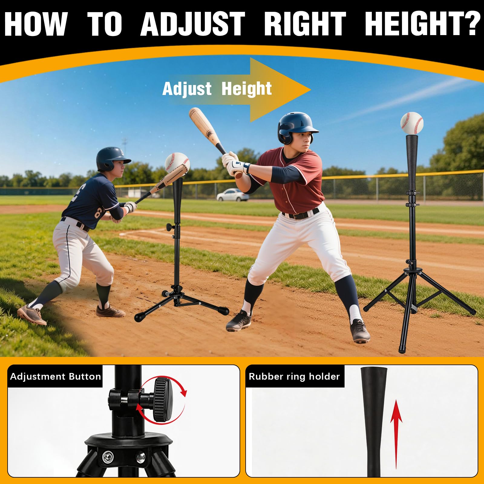 BRGD Noir Tee de Baseball avec Trépied, T-Shirt de Baseball et Softball Portable avec Sac Transport pour Terrains, Stades, Aires de Jeux, Cours Intérieures, Parcs, H : 72 à 121cm