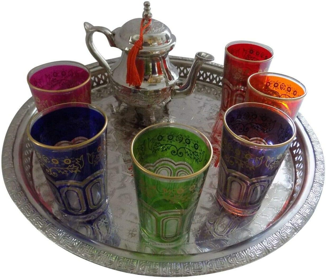 Moroccan Tea Serving Set Teapot & Tea Artisan Glasses Silver Tray