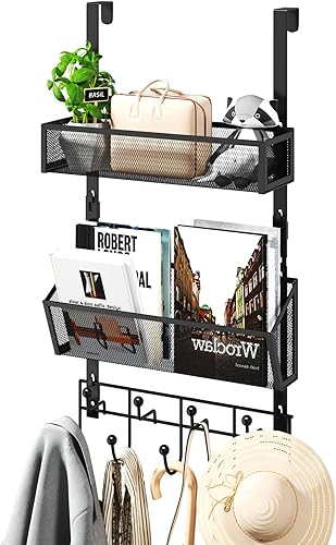 Miniatura 67 de HapiRm Gancho para puerta con 2 cestas de malla y 9 ganchos, acero inoxidable 304 sin perforaciones sobre el colgador de puerta, organizador