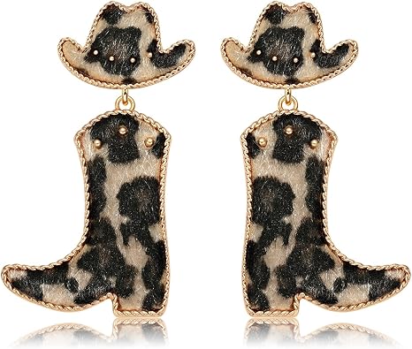 Western Boots Hat Dangle Earrings Western Leopard Print Brown Cactus Earrings Cowboy Cowgirl Western Earrings Jewelry