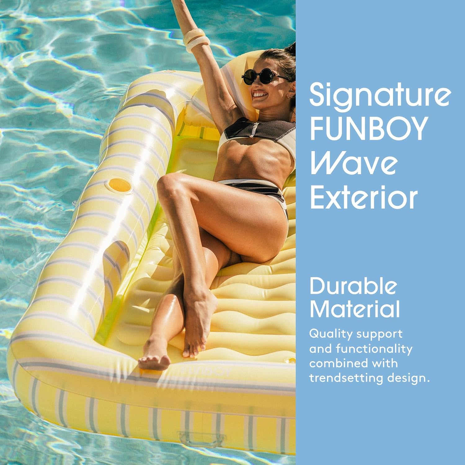 FUNBOY Tanning Pool Lounger Float Yellow & Blue Stripe, XL 72" x 48" with Pillow and Large Cup Holder