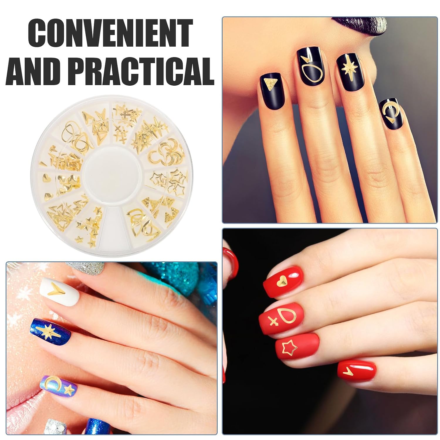120 Pcs Nail Art Studs Mini Case Alloy Oval Triangle Circle