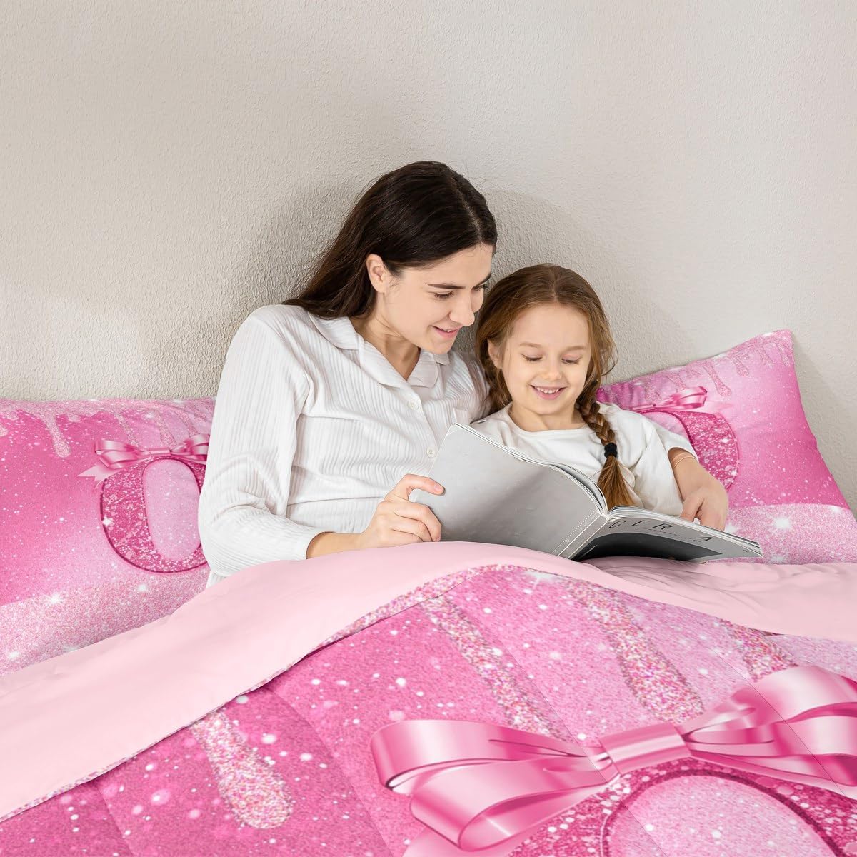 jejeloiu Pink Glitter Bow Comforter Set Twin Size Coquette Bowknot Birthday Month Bedding Set for Boys Girls Cute Themed Duvet Quilt Personalized Number 0 Anniversary Decor 2 Pcs with 1 Pillow Cases