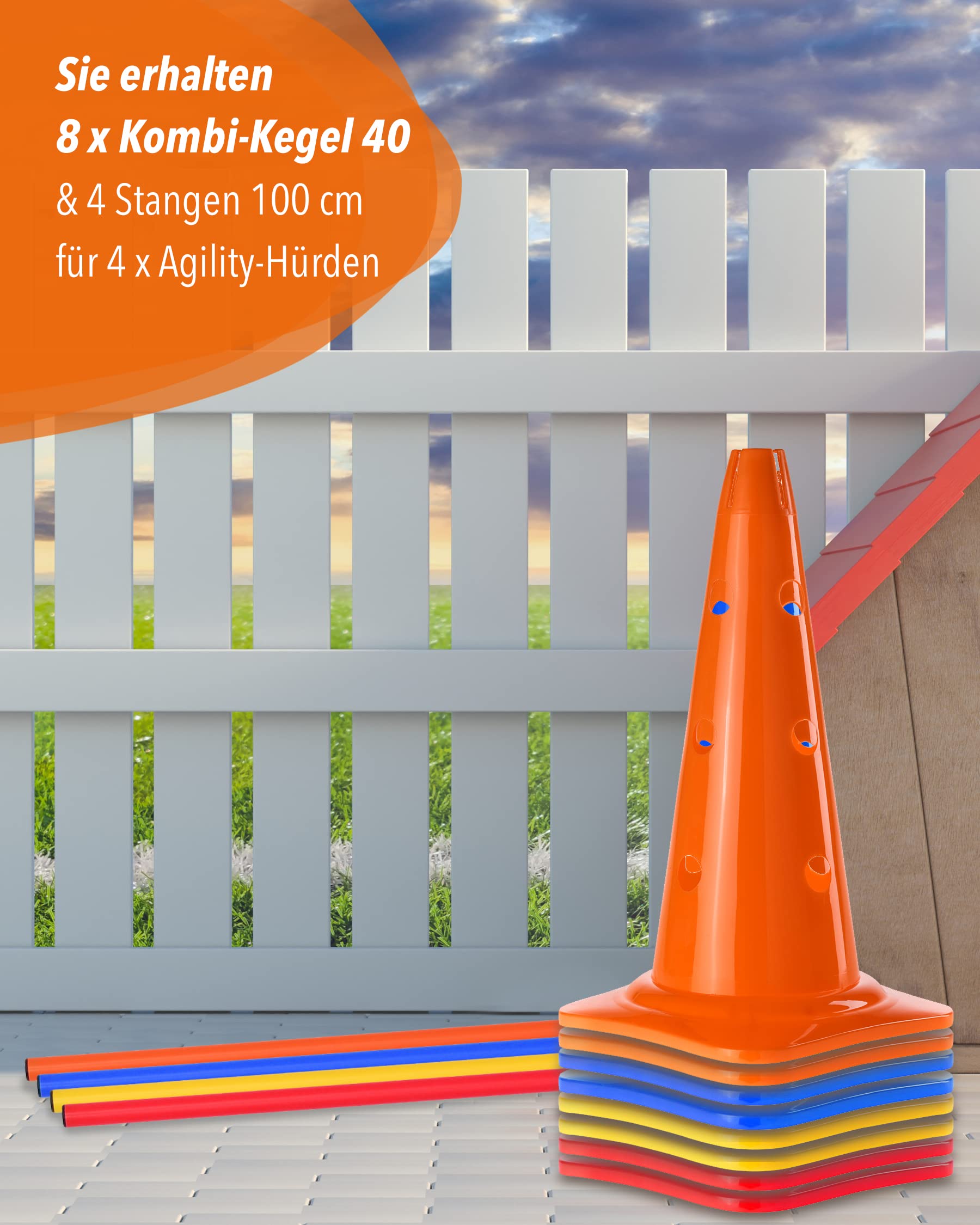 Kombi Kegel 40 – 4 im Set – für den Aufbau von Hürden- oder Slalom-Parcours für Agility-Training – Sprung & Slalom für Hund, Sport, Pferd & Kind