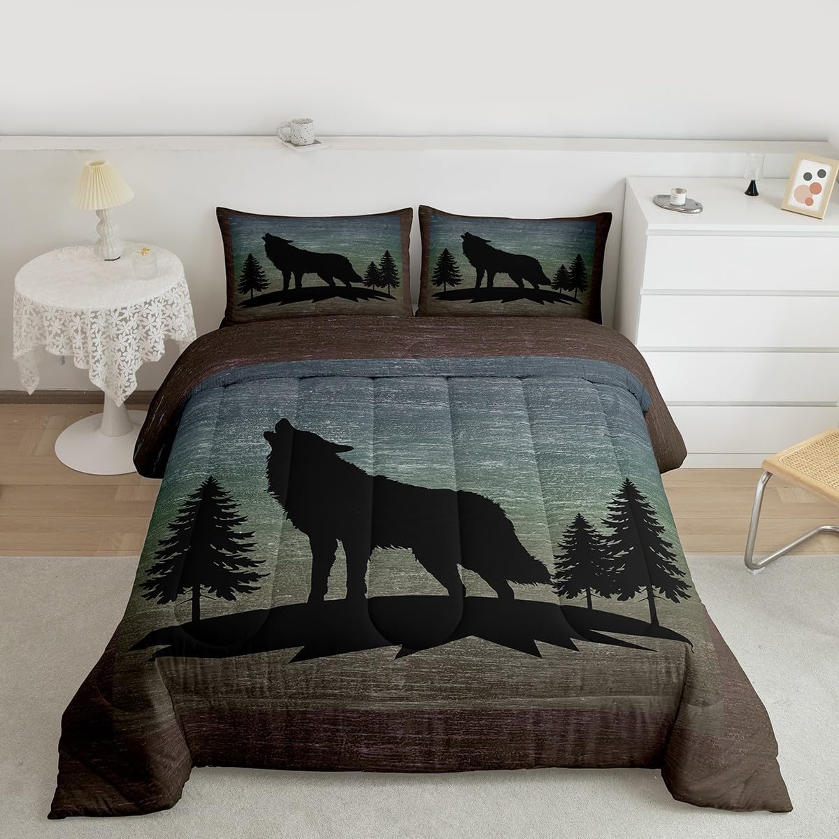 Feelyou Wolf Bedding Set Comforter Set Rustic Western Farmhouse Comforter Cover for Boys Girls Teens Decor Retro Wildlife Animal Duvet Set King Size with 2 Pillow Case Boys