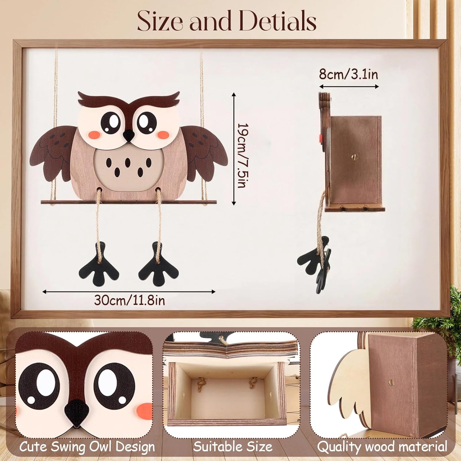 13'' Wooden Swing Owl Hanging Planters for Indoor Boho Wall Decor for Living Room Bedroom Cute Owl Home Decor Hanging Flower Pots Dry Flower Vase Gift for Mom Office Eucalyptus Decorations