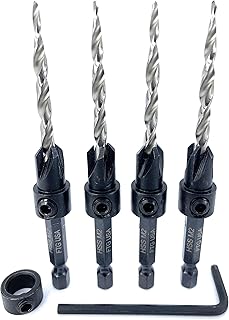 FTG USA Maximum Torque 4 Piece Same Size #8 (11/64") Adjustable Wood Countersink Set with Woodworking HSS Tapered Drill Bit secured with Pin -1 Depth Stop Collar 3/8" and 1 Hex Wrench (1/8" Allen Key)