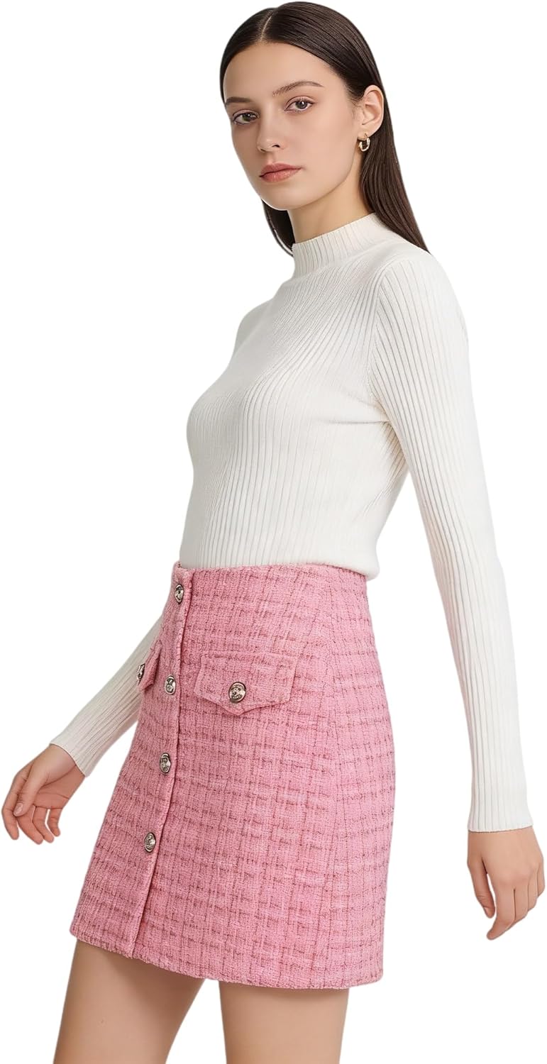 ADWAXDA Women Plaid Pencil Mini Skirt Fall Winter Cute Tweed Bodycon Wrap Short Skirts - Image 5