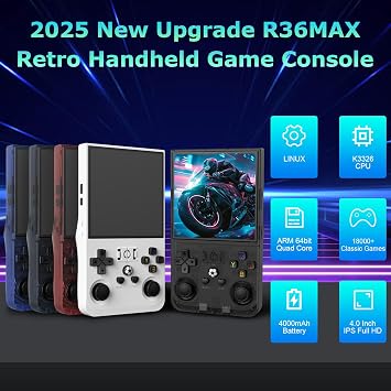 R36MAX Handheld Game Console, Built-in 4000mAh Battery, 4K HD 4 IPS Glass Screen, Supports 18000+ Classic Games, Linux-Based Retro Gaming Console (Black)